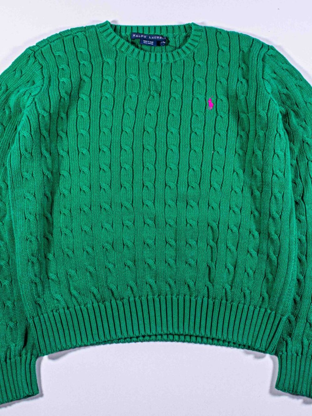 Ralph Lauren Emerald Green Cable Knit Crewneck Sweater with Pink Pony